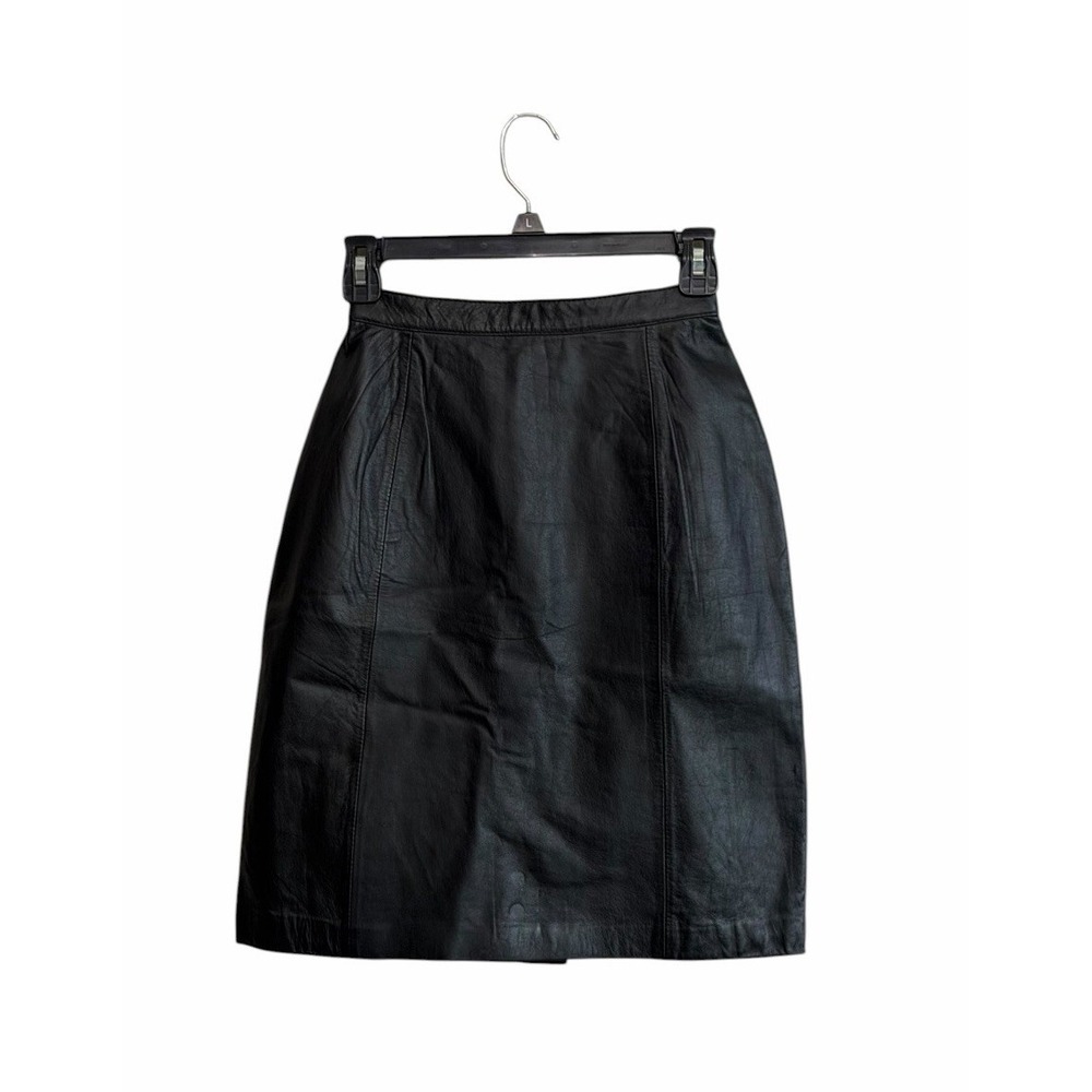 Vintage Rinzi Sz 4 Black Genuine Leather A-Line Skirt 90's Office Siren Edgy